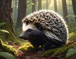 Hedgehog amidst mossy forest floor, dappled sunlight filters through trees