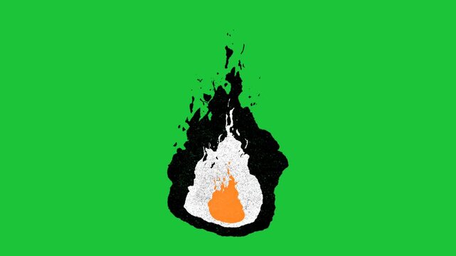 Burning flame with smoke silhouette on green background, abstract fire animation loop