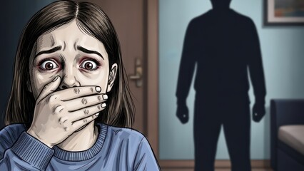 Anxious girl with her hand over her mouth feeling stalked by a shadowy figure in the room
