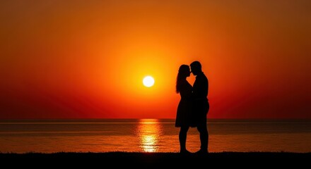 Couple in Love Embracing at Sunset Beach with Golden Sky Silhouette