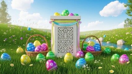 Delightful Easter egg landscape with vibrant colors and idyllic setting evoking joy