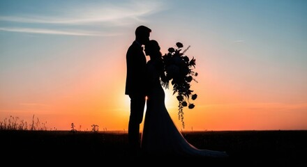 Newlywed couple holding black floral bouquet at golden hour sunset wedding silhouette