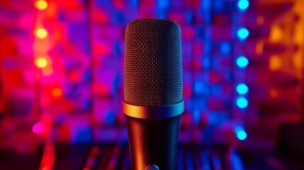 A vibrant vocal recording booth illuminated by neon rainbow lights.