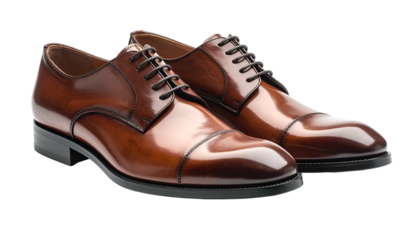 A pair of polished, brown leather dress shoes, showcasing a classic cap-toe design with black laces and a sleek, formal aesthetic