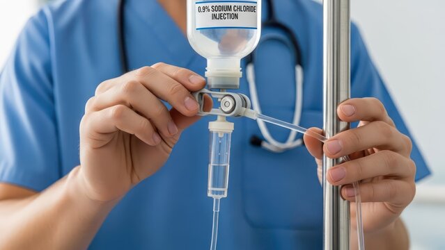 Healthcare professional carefully adjusting intravenous saline drip for patient therapy session - Powered by Adobe