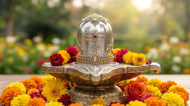 Mahadev silver shiva lingam with om symbol and intricate carvings surrounded by colorful flowers for shivratri temple decoration and sacred hinduism worship rituals