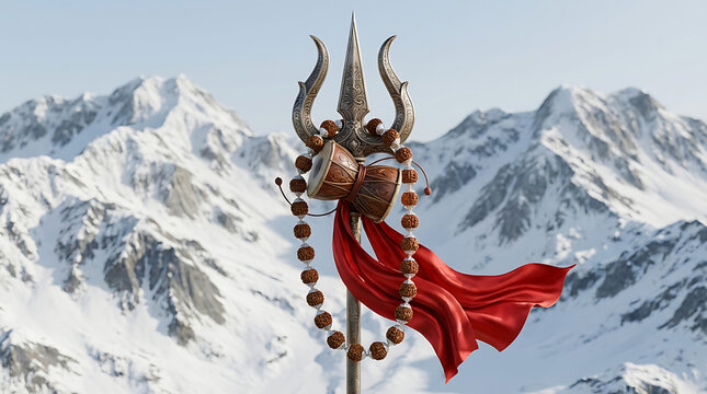 Mahadev golden trident with damru and red cloth standing tall against snowy himalayan mountains for shivratri pilgrimage and powerful hindu deity symbolism backgrounds