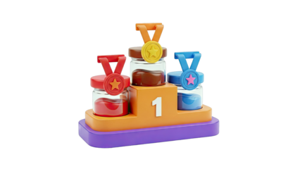 Victory Podium with Medals and Colored Liquids in Jars
