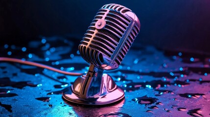 Classic microphone design with a lively and colorful backdrop. 