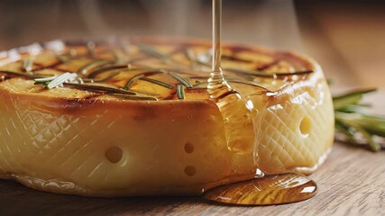Golden honey slowly drizzles over a warm baked wheel of creamy brie cheese garnished with fresh aromatic rosemary sprigs creating an irresistible gourmet appetizer on a rustic wooden board perfect fo.