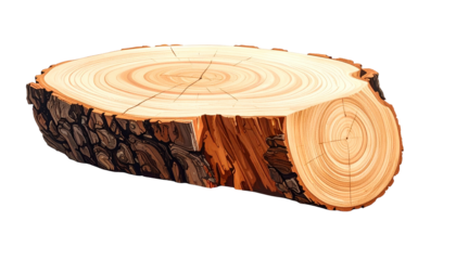 A cross-section of a wooden log with visible growth rings and detailed texture. Cut shows bark and heartwood. Isolated on black