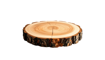 A cross-section of a tree trunk, showcasing the rings of growth and the bark edges. The background is completely black, highlighting the wood