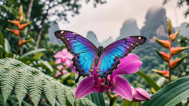 Depicting a Colorful Butterfly Landing on a Pink Orchid in a Lush Garden