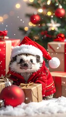 Hedgehog in Santa hat & red sweater among wrapped presents, soft focus tree background