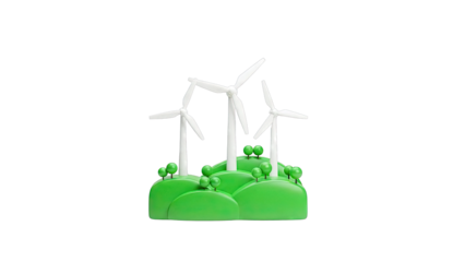 Stylized Wind Turbines on Green Hills with Trees