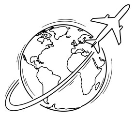 Hand drawn line art illustration of an airplane and globe depicting global travel for international transport