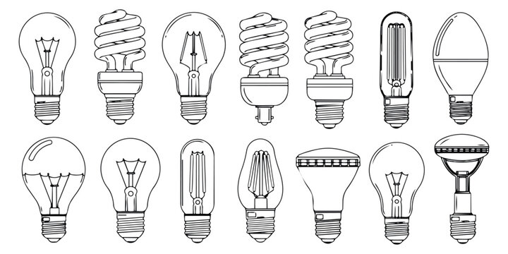 Hand drawn line art light bulb set featuring various types of electric lamps for energy and innovation concepts