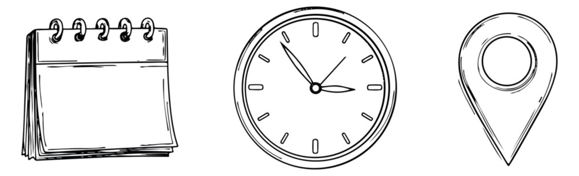 Hand drawn line art icon set featuring a calendar, clock, and map pin for scheduling appointments