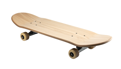 A close-up shot of a wooden skateboard, positioned diagonally. The deck displays light-colored wood grain, wheels at each corner
