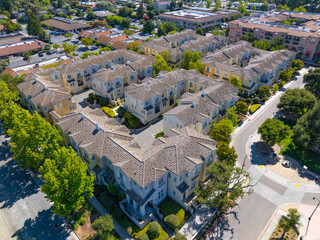 Modern town house building aerial view on Town Center Lane at Cupertino Civic Center in city center...