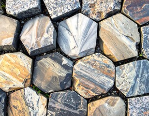 Hexagonal basalt columns create a tessellated pattern, showing natural stone variations