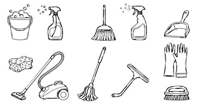 Hand drawn line art cleaning tools set featuring various household equipment and supplies for domestic chores and sanitation