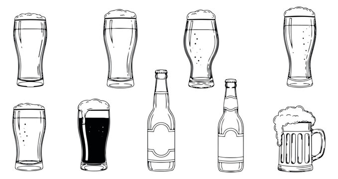 Hand drawn line art beer set featuring various glasses, bottles, and a mug for beverage and bar designs