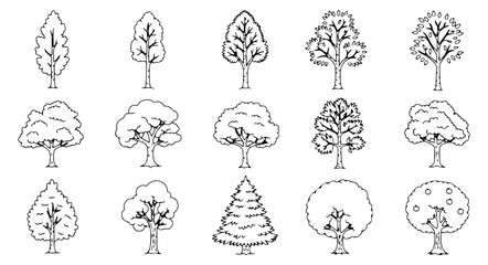 Hand drawn line art tree set featuring various forest and garden trees for nature and environmental designs