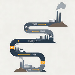 Infographic illustrating industrial process stages with factories and smokestacks