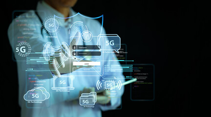 Doctor touching virtual shield and cloud icons. Medical cybersecurity, digital health data protection, and secure cloud computing concept.