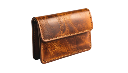 A close-up shot of a small, rectangular brown leather wallet with a flap closure, showing wear marks and stitching details