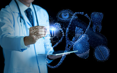 Doctor analyzing virtual human anatomy and organ scanning interface. Digital medical diagnosis, physiology x-ray visualization, and futuristic healthcare technology concept.