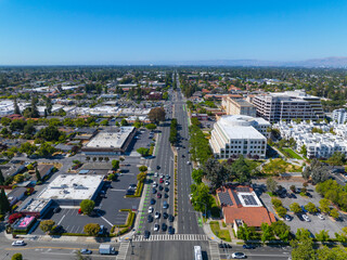 Cupertino city center aerial view on S De Anza Blvd near Civic Center of Cupertino, California CA,...