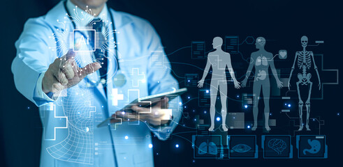 Doctor analyzing virtual human anatomy and organ scanning interface. Digital medical diagnosis, physiology x-ray visualization, and futuristic healthcare technology concept.