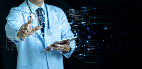Doctor touching virtual AI chip icon with digital neural network background. Medical machine learning, deep learning technology, and smart healthcare data analysis concept.