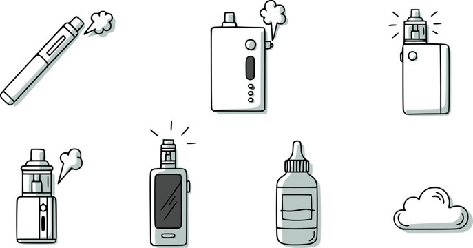 Hand drawn line art vaping device set featuring various e-cigarette models, an e-liquid bottle, and a smoke cloud for modern lifestyle