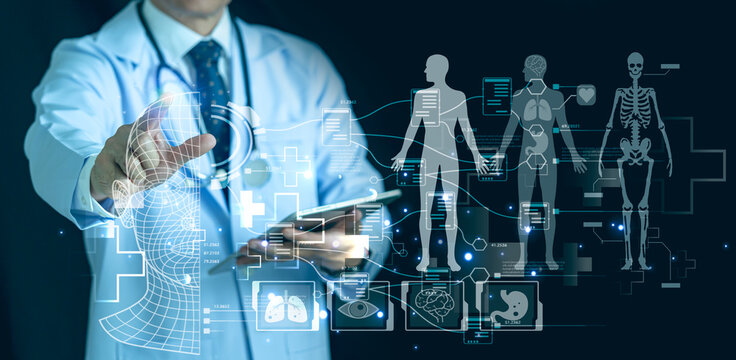Doctor analyzing virtual human anatomy and organ scanning interface. Digital medical diagnosis, physiology x-ray visualization, and futuristic healthcare technology concept. - Powered by Adobe