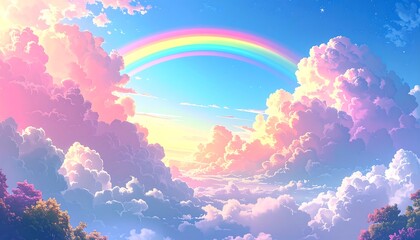 Fototapeta premium A vibrant digital illustration of a rainbow arching across a clear blue sky, framed by fluffy, pastel-colored clouds
