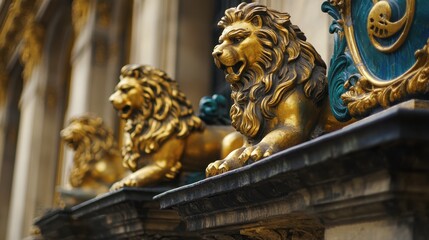 Golden Lion Statues in Detailed Architectural Design of Historic Building