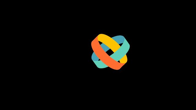 Colorful abstract interwoven shapes forming dynamic logo on dark background, modern motion animation loop