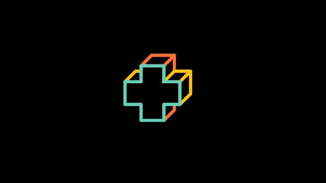 Colorful medical cross icon with dynamic lines on dark background, modern abstract animation loop