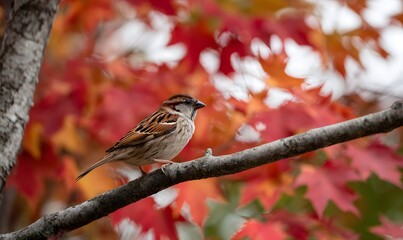 sparrow whose entire body is a detailed assemblage of discarded cigarette butts, plastic bottle caps, torn wrappers, and tangled fibers, perched on a branch in a dense autumn maple forest