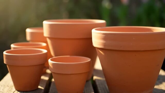 Terracotta pots of various sizes sitting on a wooden surface in a garden with natural light, showcasing terracotta planters in different dimensions.