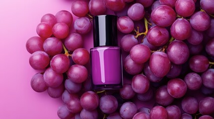 Vibrant Purple Nail Polish Surrounded by Fresh Grapes on Pink Background