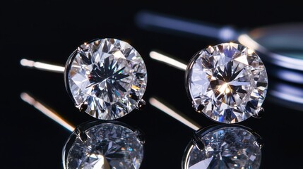 Elegant Close-Up of Diamond Earrings on Reflective Surface