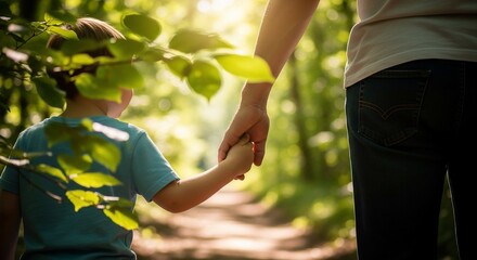 Child and adult hold hand walking in nature sunlight
