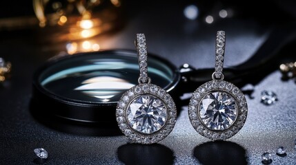 Elegant Diamond Earrings on a Dark Surface with Magnifying Glass