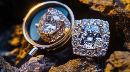 Elegant diamond ring with magnifying glass on textured stone background