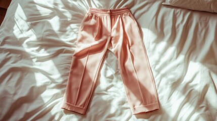 Soft Pink Pajama Pants Laid on a Cozy Bed with Warm Sunlight