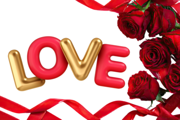 Red Rose Petals with “LOVE” Text, Valentine Romantic PNG Design